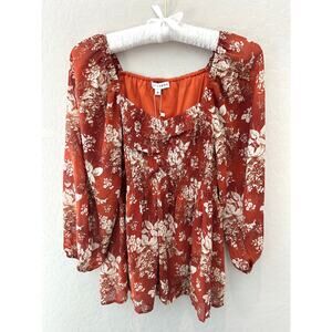 🆕 BALTIC BORN | Rust Orange Boho Floral Smocked Sweetheart Neck Blouse | Small